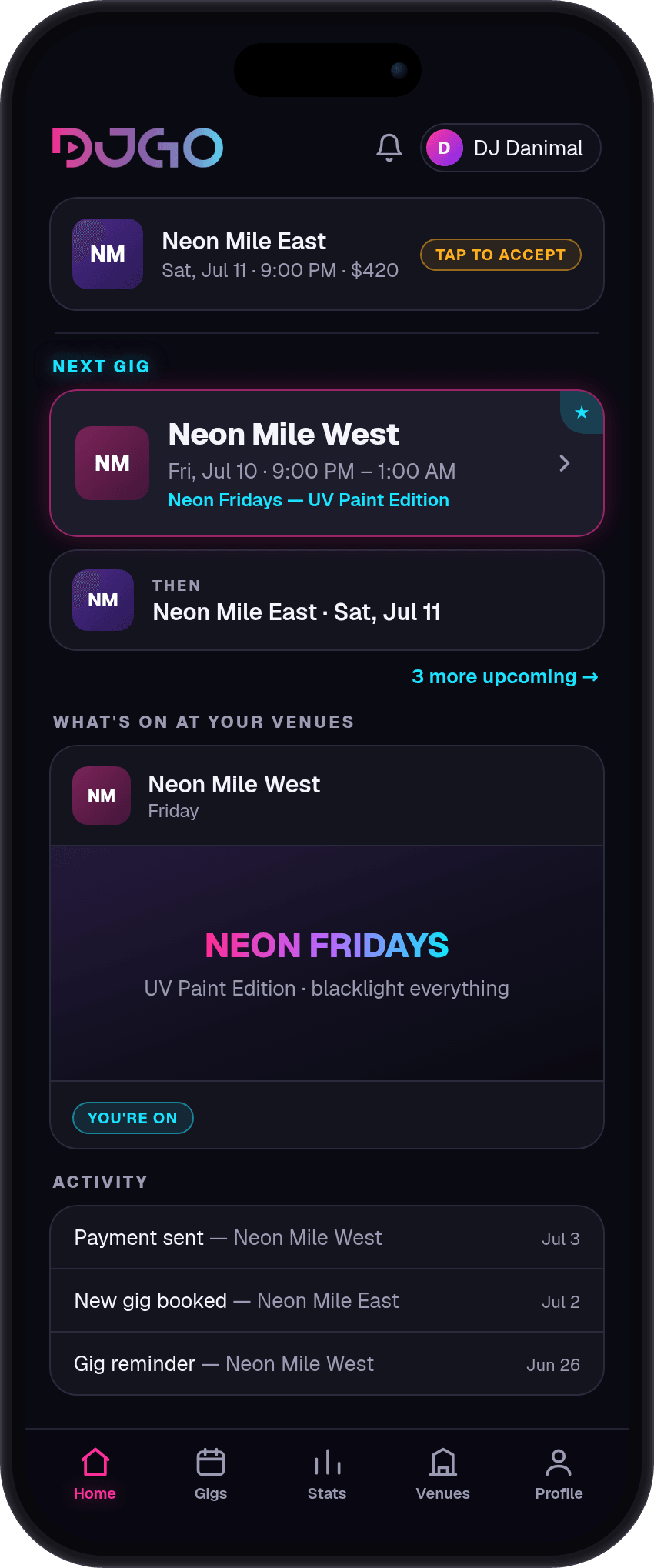 The DJGO DJ app home feed — an offer to accept, your next gig, and what's on at your venues