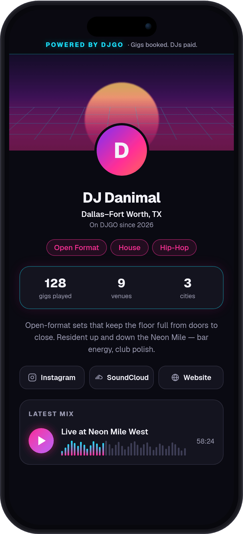 A DJ's public DJGO press kit — genres, gig stats, socials, and a playable mix