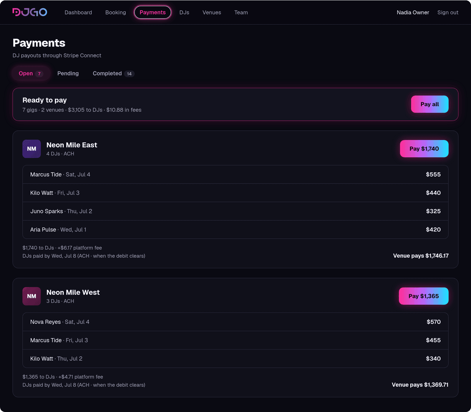 One-click DJ payouts across venues in DJGO, processed through Stripe